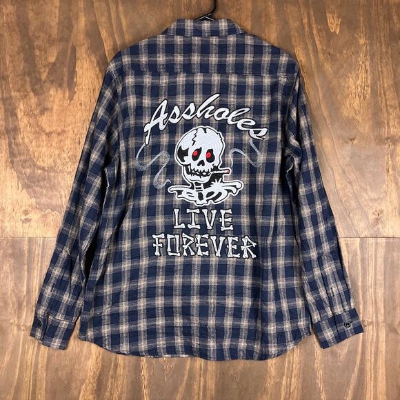 A$$holes Live Fovrever Mens Shirt Navy Beige Plaid Button Down Cotton Blend L - Picture 10 of 12